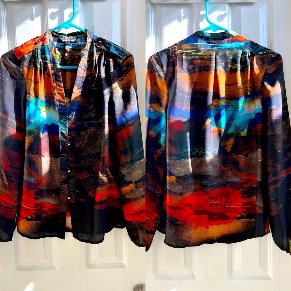 Vintage Ted Baker Painters Print Button-Up long Sleeve Blouse size 0